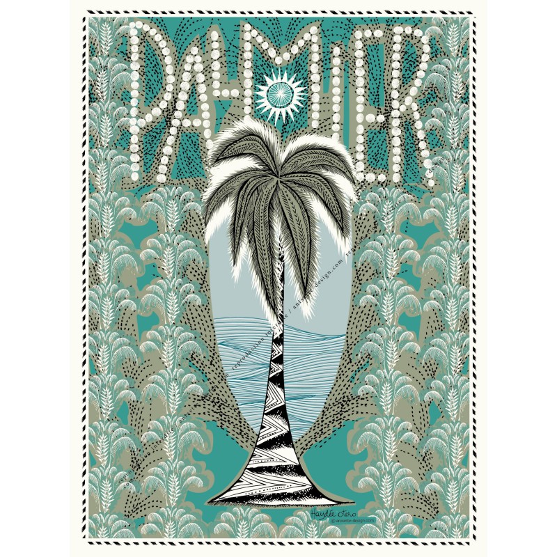 Affiche Palmier Art Nouveau Turquoise kaki